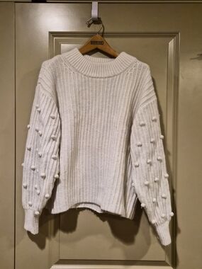 & Other Stories Cream Pom-Pom Cable Ribbed Crewneck Sweater Alpaca Wool Blend